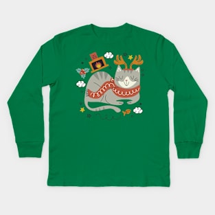 Meowy Christmas Cat Kids Long Sleeve T-Shirt